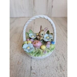 Vintage ceramic Easter Bunny figure basket egg mini spring home decor figure